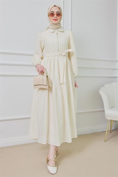 Fileli Elbise - Krem