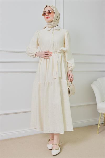 Fileli Elbise - Krem
