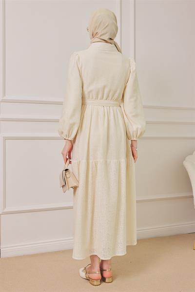 Fileli Elbise - Krem