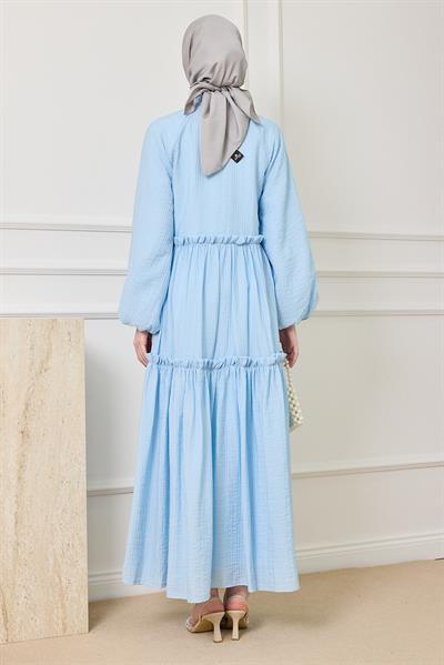 Gofre Katlı Elbise - MAVİ