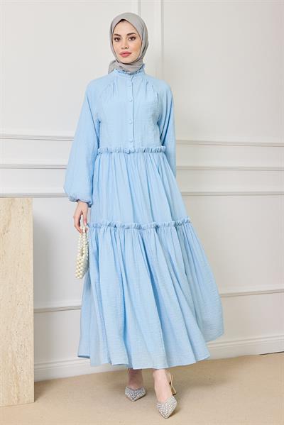 Gofre Katlı Elbise - MAVİ