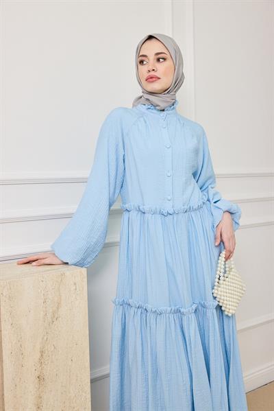 Gofre Katlı Elbise - MAVİ