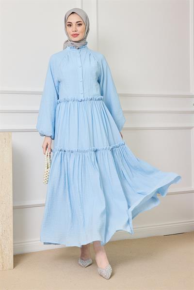 Gofre Katlı Elbise - MAVİ