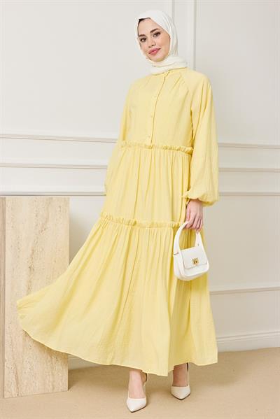 Gofre Katlı Elbise - SARI