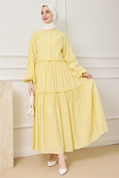 Gofre Katlı Elbise - SARI