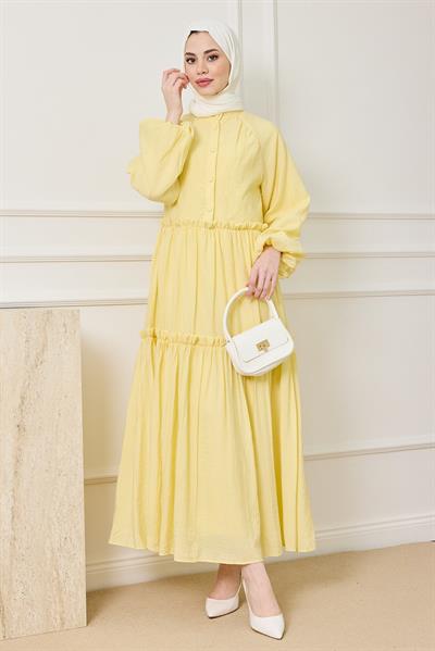 Gofre Katlı Elbise - SARI