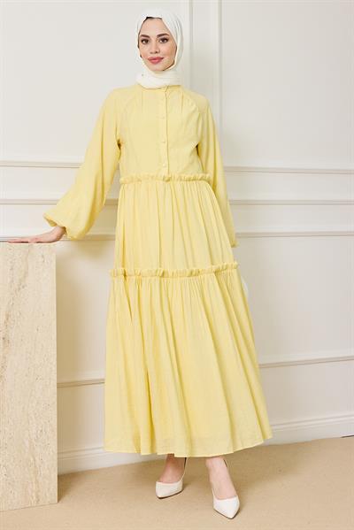 Gofre Katlı Elbise - SARI