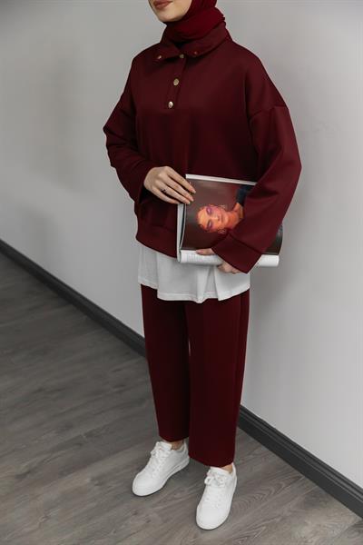 Gold Düğmeli Eşofman Takımı - Bordo