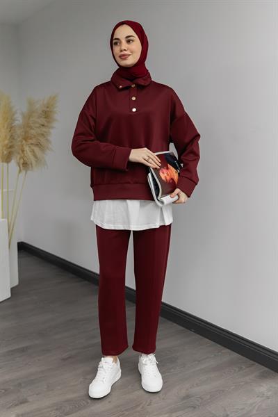 Gold Düğmeli Eşofman Takımı - Bordo