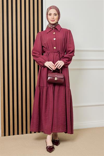 Gold Düğmeli Gofre Elbise - BORDO