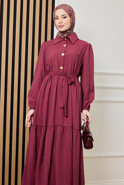 Gold Düğmeli Gofre Elbise - BORDO