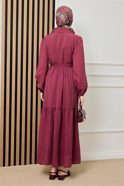 Gold Düğmeli Gofre Elbise - BORDO
