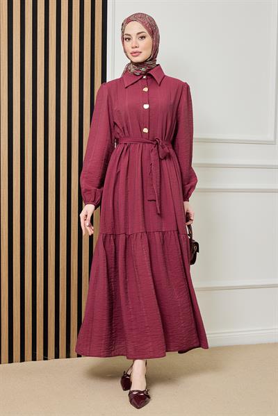 Gold Düğmeli Gofre Elbise - BORDO