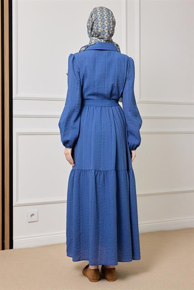 Gold Düğmeli Gofre Elbise - MAVİ
