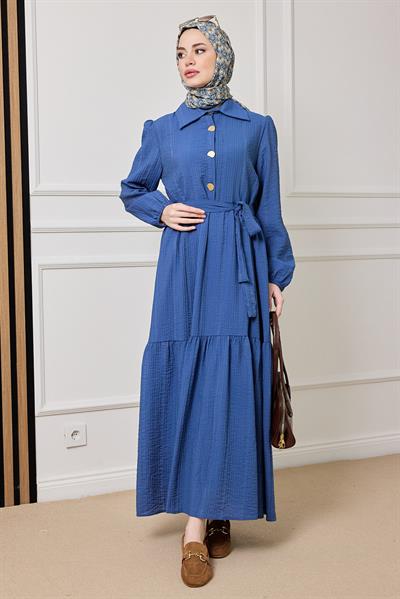 Gold Düğmeli Gofre Elbise - MAVİ