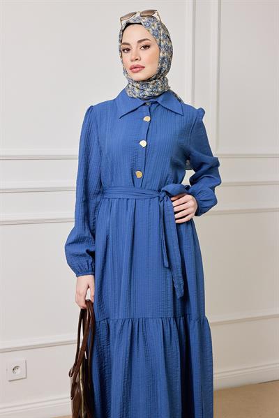 Gold Düğmeli Gofre Elbise - MAVİ