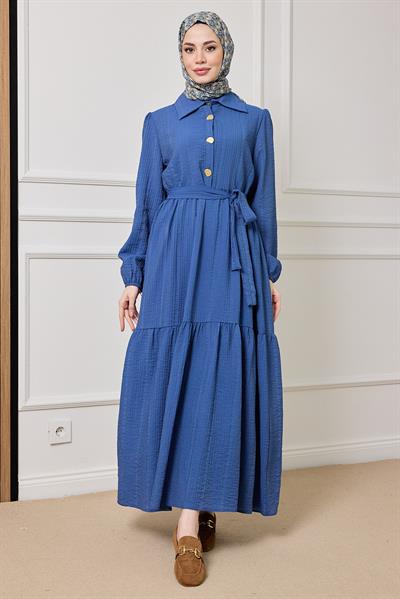 Gold Düğmeli Gofre Elbise - MAVİ