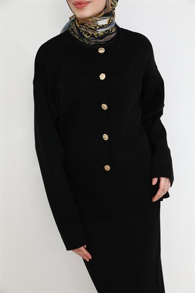 Gold Düğmeli Hırka - Siyah