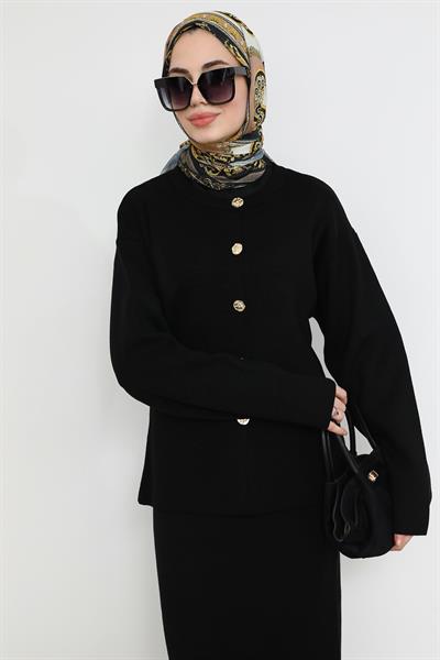 Gold Düğmeli Hırka - Siyah