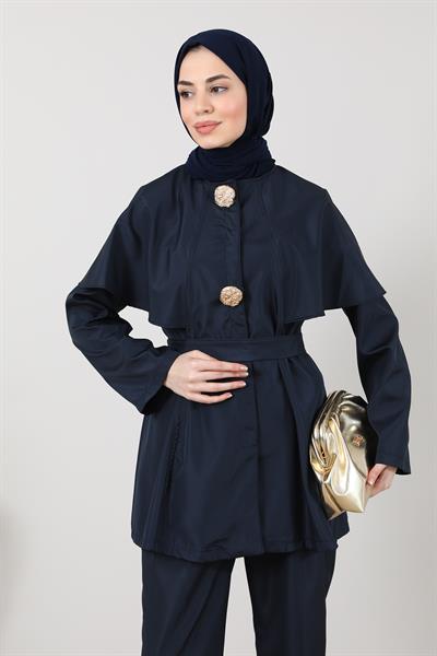 Gold Düğmeli Pelerinli Takım - Lacivert