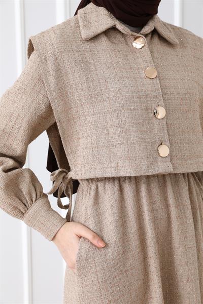 Gold Düğmeli Tüvit Takım - Krem