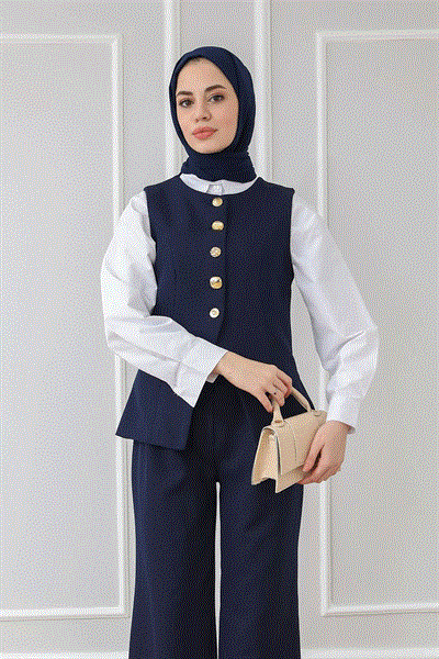 Gold Düğmeli Yelek - Lacivert