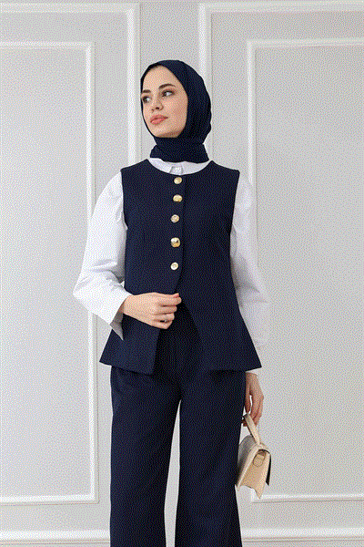 Gold Düğmeli Yelek - Lacivert