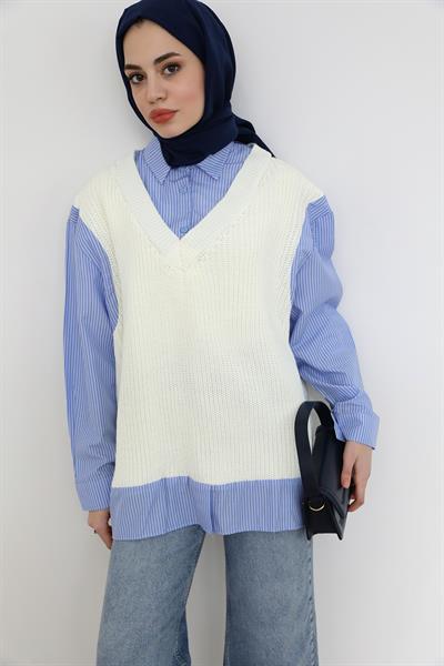 Gömlek Detaylı Süveter - Beyaz