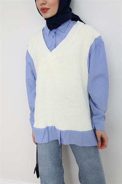 Gömlek Detaylı Süveter - Beyaz