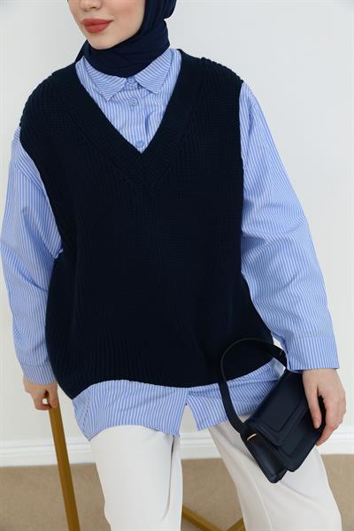 Gömlek Detaylı Süveter - Lacivert