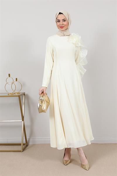 Gül Aksesuarlı Abiye - Krem