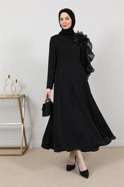 Gül Aksesuarlı Abiye - Siyah