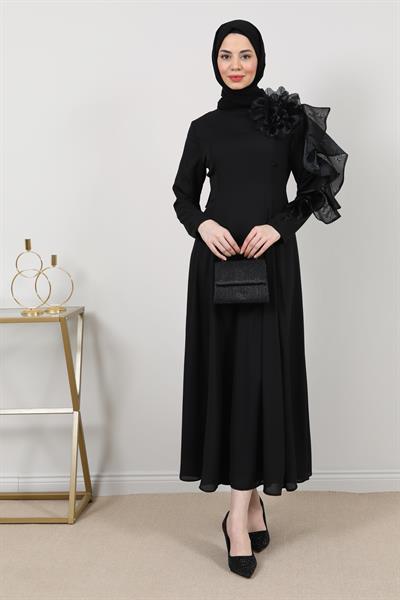 Gül Aksesuarlı Abiye - Siyah