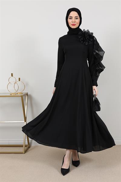 Gül Aksesuarlı Abiye - Siyah