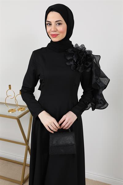 Gül Aksesuarlı Abiye - Siyah