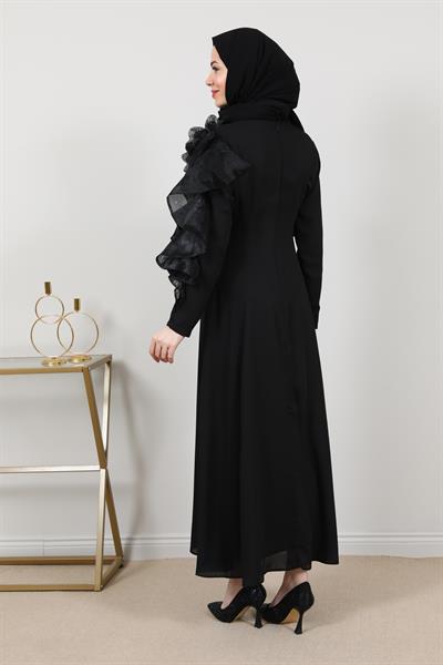 Gül Aksesuarlı Abiye - Siyah