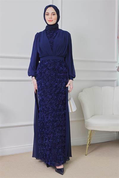 Gül Tasarımlı Abiye - Lacivert