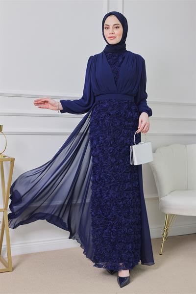 Gül Tasarımlı Abiye - Lacivert
