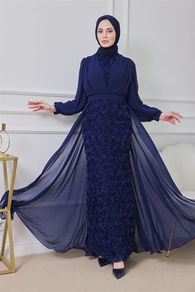 Gül Tasarımlı Abiye - Lacivert