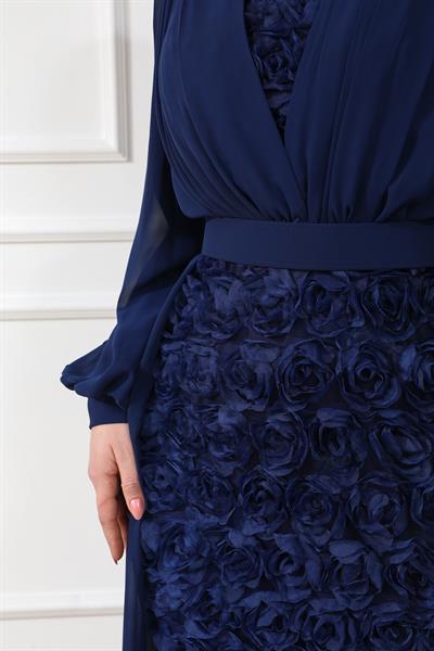 Gül Tasarımlı Abiye - Lacivert