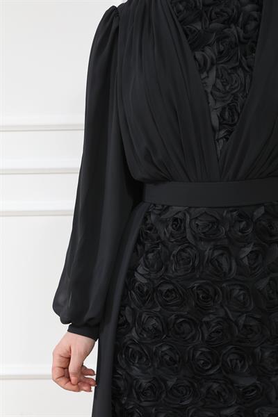 Gül Tasarımlı Abiye - SİYAH