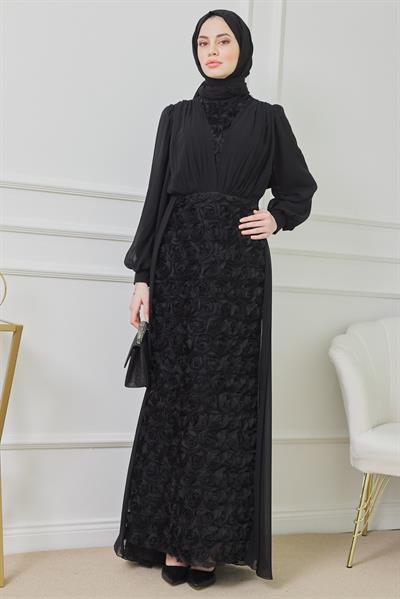 Gül Tasarımlı Abiye - SİYAH