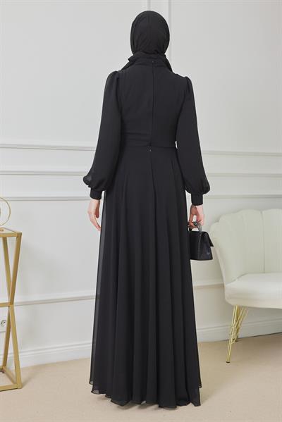 Gül Tasarımlı Abiye - SİYAH