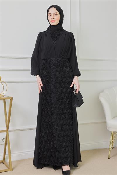 Gül Tasarımlı Abiye - SİYAH