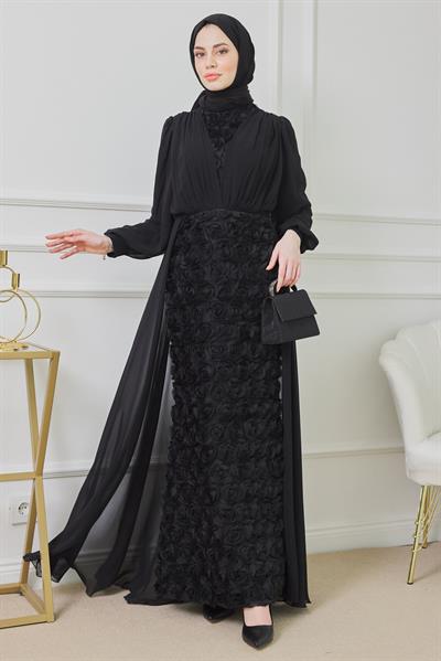 Gül Tasarımlı Abiye - SİYAH