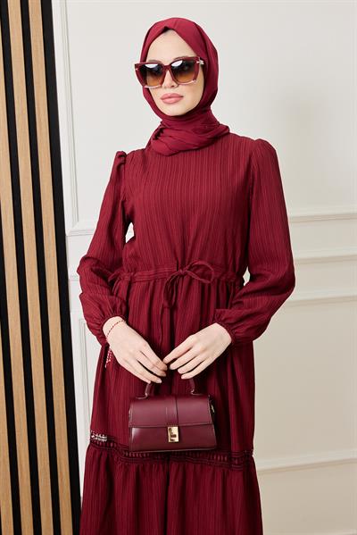 Güpür Geçişli Elbise - BORDO