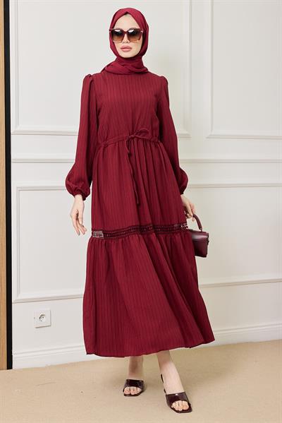 Güpür Geçişli Elbise - BORDO