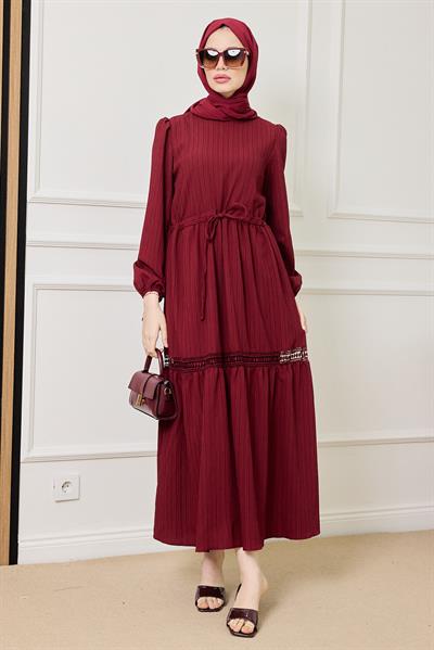Güpür Geçişli Elbise - BORDO
