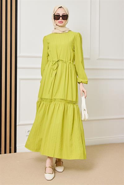 Güpür Geçişli Elbise - YEŞİL