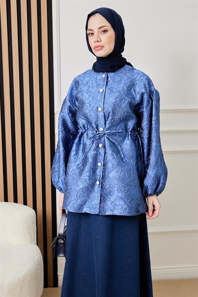 İnci Düğmeli Tasarım Ceket - MAVİ